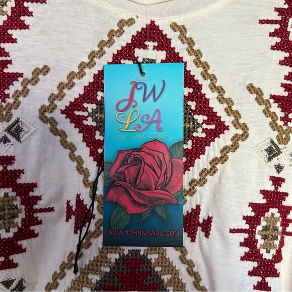 Johnny Was JW Los Angeles Cream Aztec Embroidered 3/4 Sleeve Tee Size Small - Picture 11 of 12